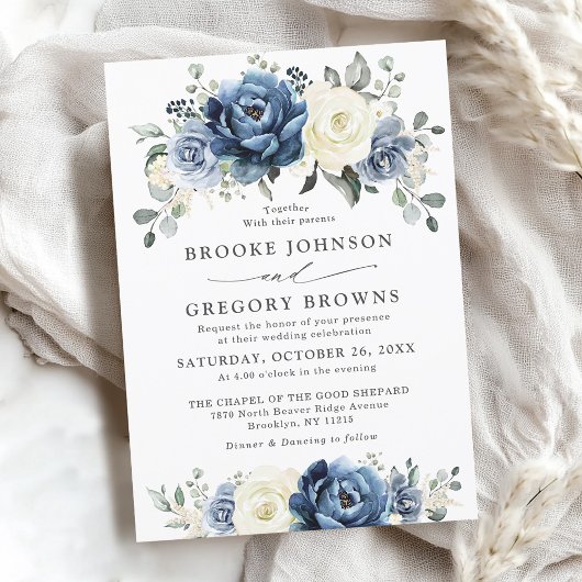 Dusty Blue Navy Champagne Ivory Floral Wedding Kaart