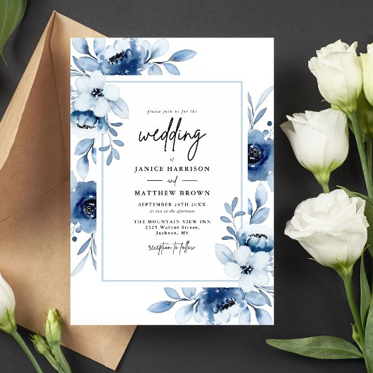 Dusty Blue Navy Champagne Ivory Floral Wedding Kaart