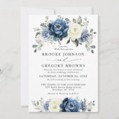 Dusty Blue Navy Champagne Ivory Floral Wedding Kaart (Voorkant)