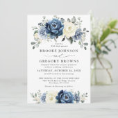 Dusty Blue Navy Champagne Ivory Floral Wedding Kaart (Staand voorkant)