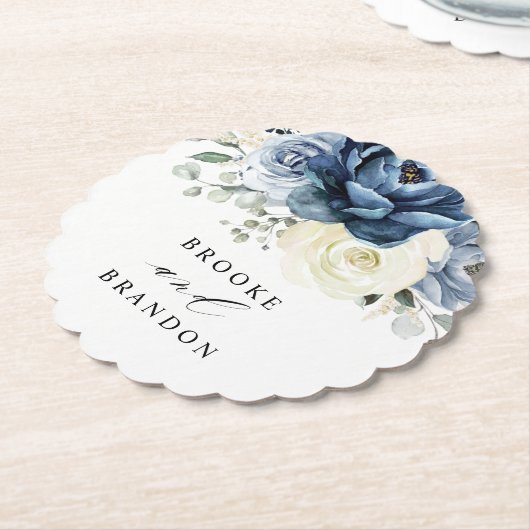 Dusty Blue Navy Champagne Ivory Floral Wedding Kartonnen Onderzetters (Gekanteld)