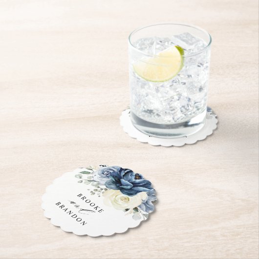 Dusty Blue Navy Champagne Ivory Floral Wedding Kartonnen Onderzetters (Insitu)