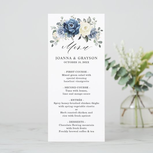 Dusty Blue Navy Champagne Ivory Floral Wedding Menu (Staand voorkant)