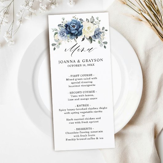 Dusty Blue Navy Champagne Ivory Floral Wedding Menu