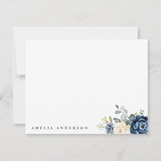 Dusty Blue Navy Champagne Ivory Floral Wedding Notitiekaartje (Voorkant)
