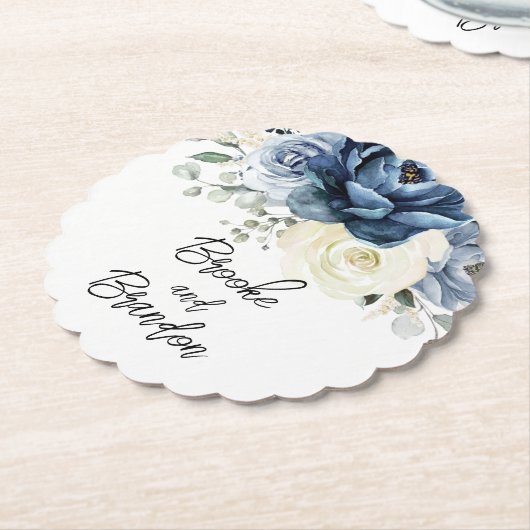 Dusty Blue Navy Champagne Ivory Floral Wedding Pap Kartonnen Onderzetters (Gekanteld)