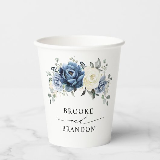 Dusty Blue Navy Champagne Ivory Floral Wedding Papieren Bekers (Voorkant)