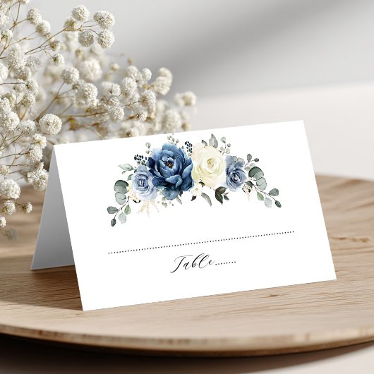 Dusty Blue Navy Champagne Ivory Floral Wedding Plaatskaartje