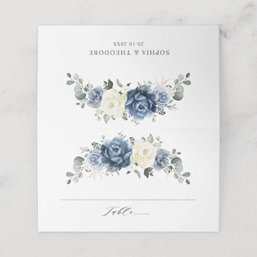 Dusty Blue Navy Champagne Ivory Floral Wedding Plaatskaartje (Buitenkant ongevouwen)