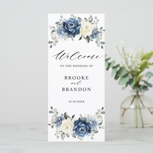 Dusty Blue Navy Champagne Ivory Floral Wedding Programmakaart (Staand voorkant)
