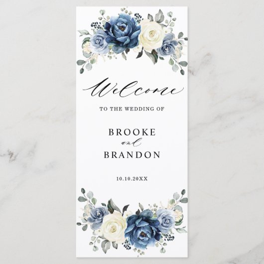 Dusty Blue Navy Champagne Ivory Floral Wedding Programmakaart (Voorkant)