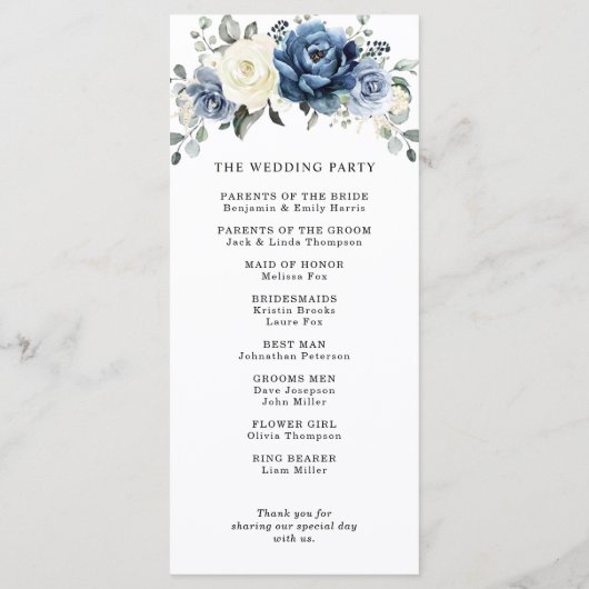 Dusty Blue Navy Champagne Ivory Floral Wedding Programmakaart (Achterkant)