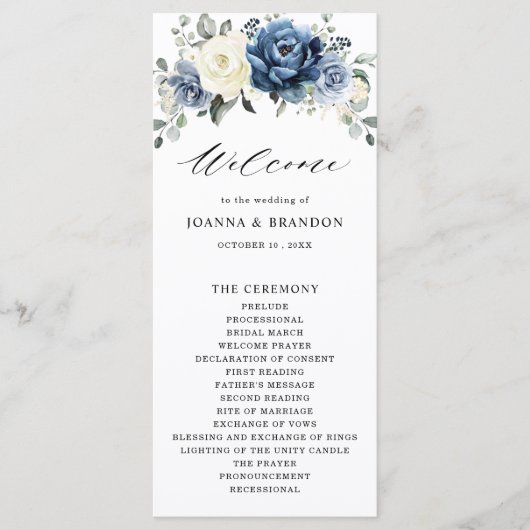 Dusty Blue Navy Champagne Ivory Floral Wedding Programmakaart (Voorkant)