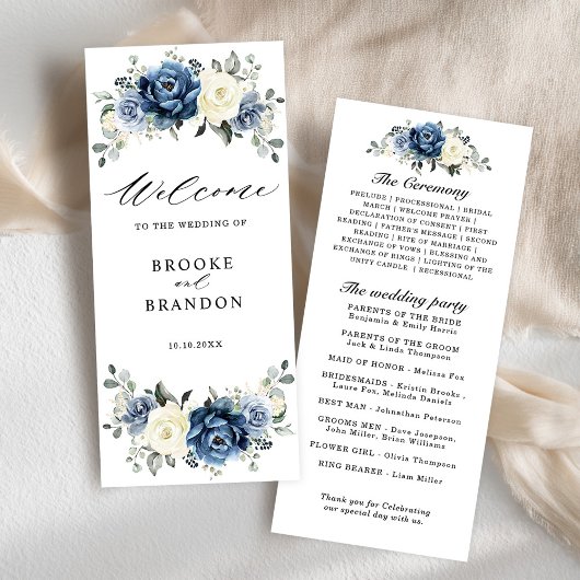 Dusty Blue Navy Champagne Ivory Floral Wedding Programmakaart
