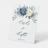 Dusty Blue Navy Champagne Ivory Floral Wedding Reclamebord Met Voetstuk (Voorkant)