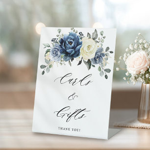 Dusty Blue Navy Champagne Ivory Floral Wedding Reclamebord Met Voetstuk