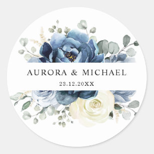 Dusty Blue Navy Champagne Ivory Floral Wedding Ronde Sticker