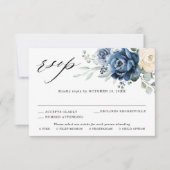 Dusty Blue Navy Champagne Ivory Floral Wedding RSV RSVP Kaartje (Voorkant)