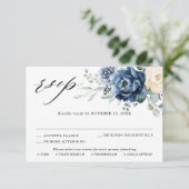 Dusty Blue Navy Champagne Ivory Floral Wedding RSV RSVP Kaartje (Staand voorkant)