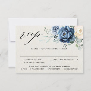 Dusty Blue Navy Champagne Ivory Floral Wedding RSV RSVP Kaartje