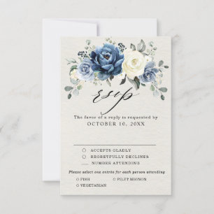 Dusty Blue Navy Champagne Ivory Floral Wedding RSV RSVP Kaartje