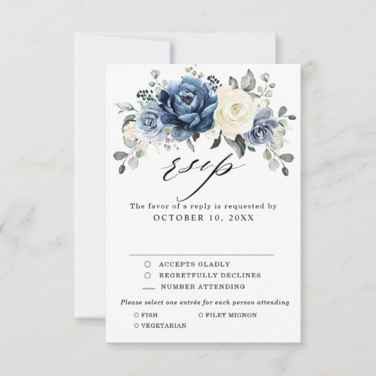 Dusty Blue Navy Champagne Ivory Floral Wedding RSV RSVP Kaartje (Voorkant)