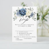 Dusty Blue Navy Champagne Ivory Floral Wedding RSV RSVP Kaartje (Staand voorkant)