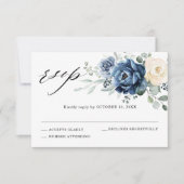 Dusty Blue Navy Champagne Ivory Floral Wedding RSVP Kaartje (Voorkant)