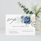 Dusty Blue Navy Champagne Ivory Floral Wedding RSVP Kaartje (Staand voorkant)
