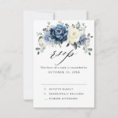 Dusty Blue Navy Champagne Ivory Floral Wedding RSVP Kaartje (Voorkant)