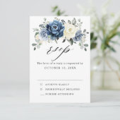 Dusty Blue Navy Champagne Ivory Floral Wedding RSVP Kaartje (Staand voorkant)