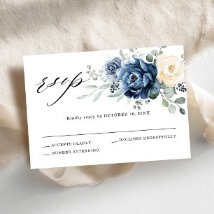 Dusty Blue Navy Champagne Ivory Floral Wedding RSVP Kaartje