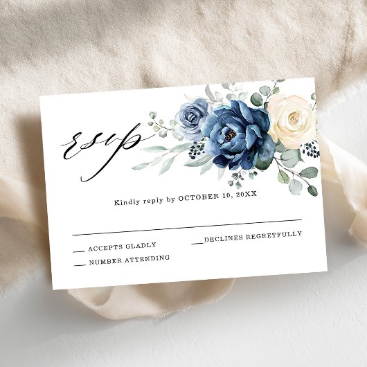 Dusty Blue Navy Champagne Ivory Floral Wedding RSVP Kaartje