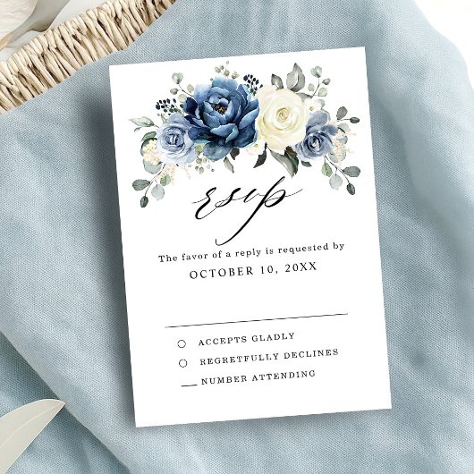 Dusty Blue Navy Champagne Ivory Floral Wedding RSVP Kaartje