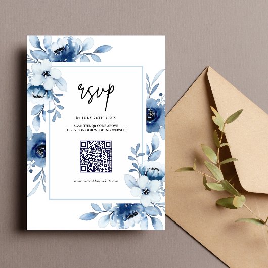 Dusty Blue Navy Champagne Ivory Floral Wedding RSVP Kaartje