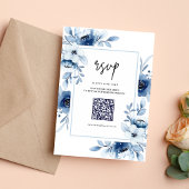 Dusty Blue Navy Champagne Ivory Floral Wedding RSVP Kaartje