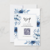 Dusty Blue Navy Champagne Ivory Floral Wedding RSVP Kaartje (Voorkant)
