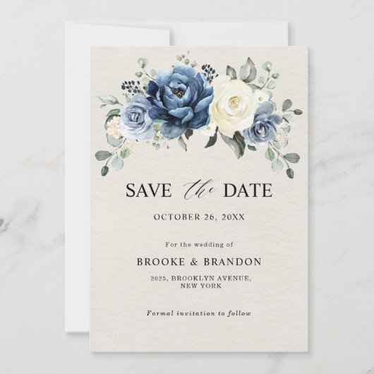 Dusty Blue Navy Champagne Ivory Floral Wedding Sav Save The Date (Voorkant)