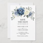 Dusty Blue Navy Champagne Ivory Floral Wedding Sav Save The Date (Voorkant)