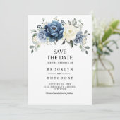 Dusty Blue Navy Champagne Ivory Floral Wedding Sav Save The Date (Staand voorkant)