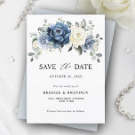 Dusty Blue Navy Champagne Ivory Floral Wedding Save The Date<br><div class="desc">Stustblauw huwelijk met bloemen, behalve de datumkaart met de elegante bouquet van blauw van de marine, koninklijk blauw, wit, goud, champagne-ivoor, zwart roos, ranunculus bloemknoppen en groene eucalyptusbladeren en elegante waterverf boquet. Neem contact met mij op voor hulp bij aanpassingen of als u een ander product nodig hebt met dit...</div>