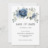 Dusty Blue Navy Champagne Ivory Floral Wedding Save The Date (Voorkant)