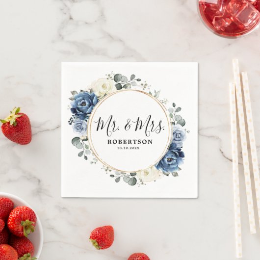 Dusty Blue Navy Champagne Ivory Floral Wedding Servet (Insitu)