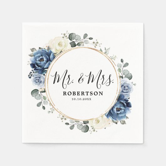 Dusty Blue Navy Champagne Ivory Floral Wedding Servet (Voorkant)