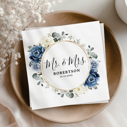 Dusty Blue Navy Champagne Ivory Floral Wedding Servet