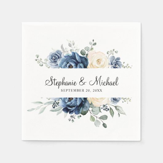 Dusty Blue Navy Champagne Ivory Floral Wedding Servet (Voorkant)