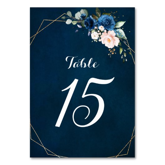 Dusty Blue Navy Champagne Ivory Floral Wedding Tab Kaart (Voorkant)