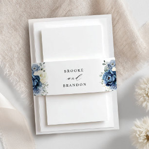Dusty Blue Navy Champagne Ivory Floral Wedding Uitnodigingen Wikkel