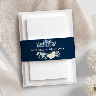Dusty Blue Navy Champagne Ivory Floral Wedding Uitnodigingen Wikkel