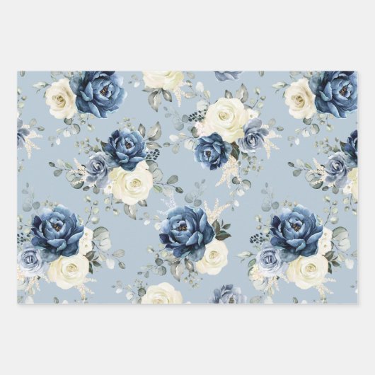 Dusty Blue Navy Champagne Ivory Floral Wedding Wra Inpakpapier Vel (Voorkant 3)